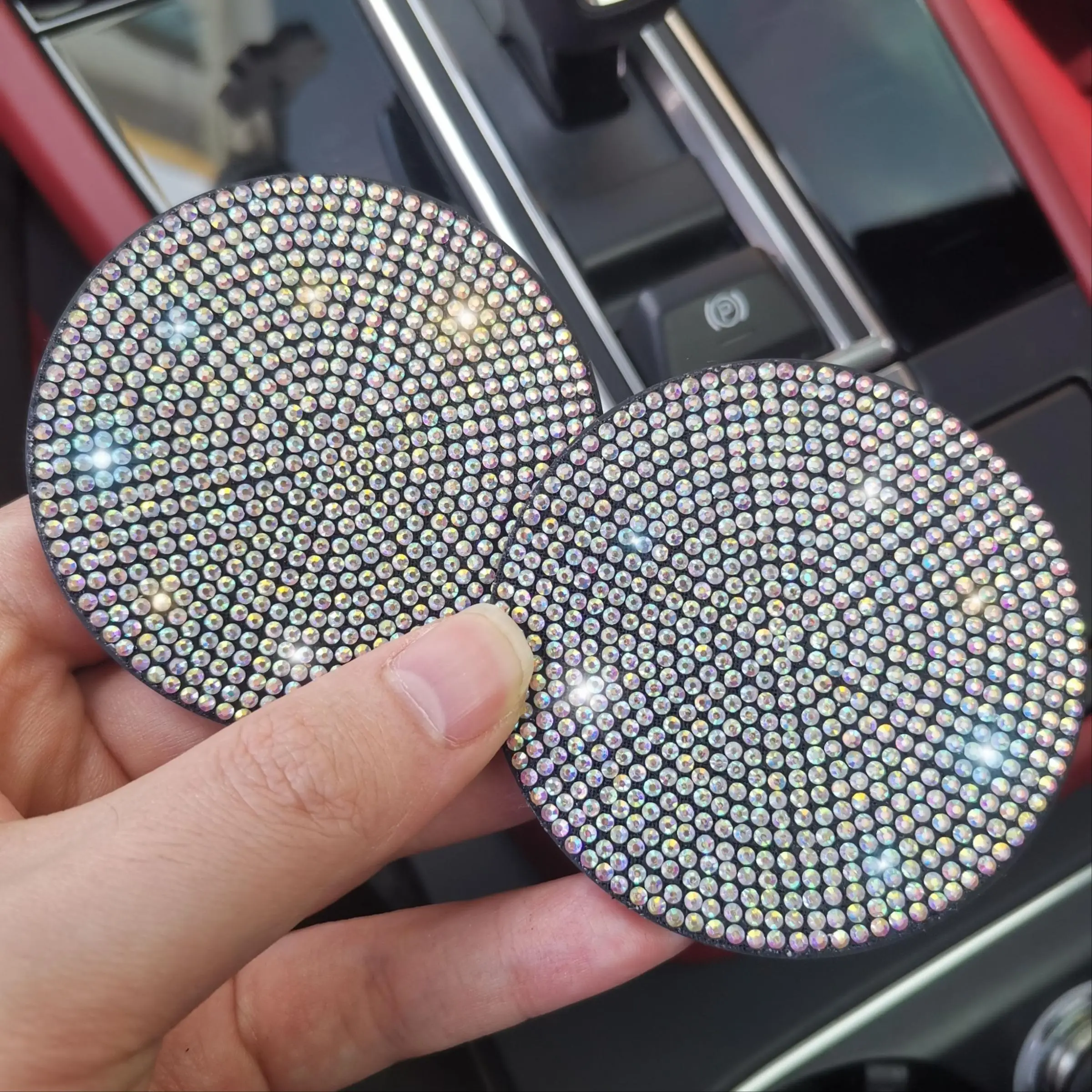 Rhinestone Decor Car Coaster, Round Anti-slip Cup Holder Coaster, Universal Car Interior Decoration Accessories for Women & Men, Girl Car Accessories,