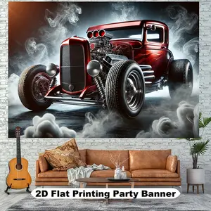 2D Flat,  Vintage Red Car Banner - Classic Automobile Party Decoration with Retro Garage Decor, Birthday Wedding Backdrop - Durable Polyester Fabric Indoor/Outdoor Decoration for Photo Booths, for Man Cave, Auto Shows - No Electricity Neede Ornaments Size