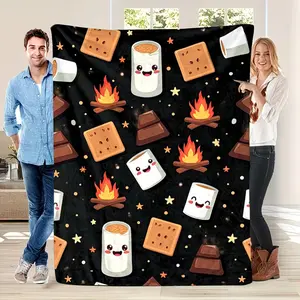 Cozy Flannel Blanket with Playful Campfire & Smores Print - Soft Lightweight 280gsm All-Season Throw for Bed Couch Camping & Outdoor Adventures Cute Cartoon Marshmallows Graham Crackers & Chocolate Bars on Starry Night Sky with Cheerful Flames 280GSM