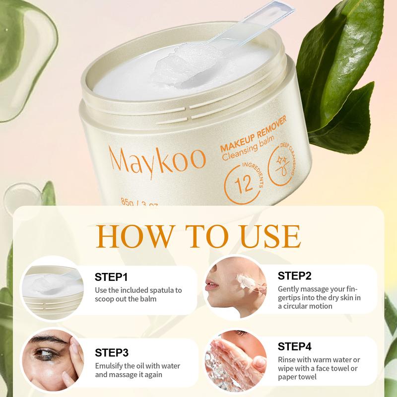 MAYKOO Makeup Remover Cleansing Balm, Melting Cleansing Cream Oil Based Cleanser, Hydrating Makeup Remover Balm with Vaccinium Myrtillus, Hydrate Skin, Non-comedogenic, No Harsh Chemicals, 0 Residue with Spatula & Easy to Rinse, 3 Oz, Cosmetic, Moisturize
