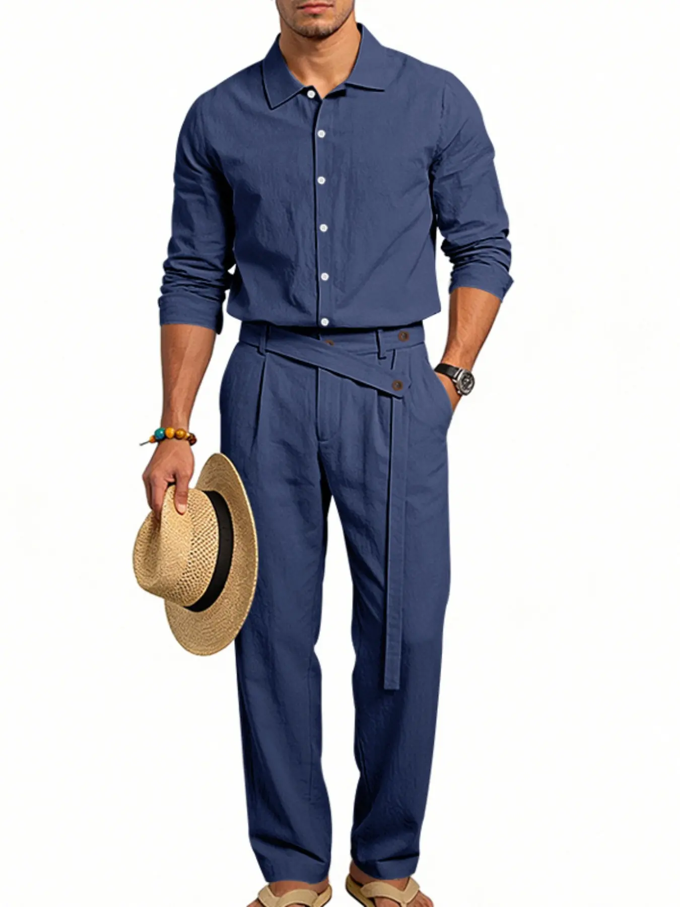 Men's Casual Business Linen Set, Loose Fit Long Sleeve Naples Shirt & Pants, Trendy Summer, Comfortable Daily Wear