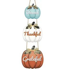 Fall Thanksgiving Decor Fall Pumpkin Decor with Bow Fall Door Wreath Blessed Grateful Thankful Door Sign Rustic Fall Porch Decor Wooden Fall Wall Decor Autumn Wreath for Fall Indoor Home Decor Decoration Set