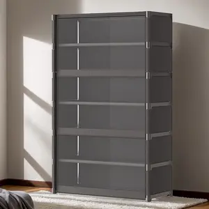 7-Tier Plastic Storage Organizer Cabinet with Compartment Bins, Transparent Flip Door, Dust-Proof Lid, Containers, Floor-Mount Rack Shelf for Shoes, Bags