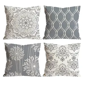 Gray & White Damask Throw Pillow Covers Set of 4 | Mandala & Dandelion Decor for Room Bedroom Chair Car Sofa Couch 0305YH