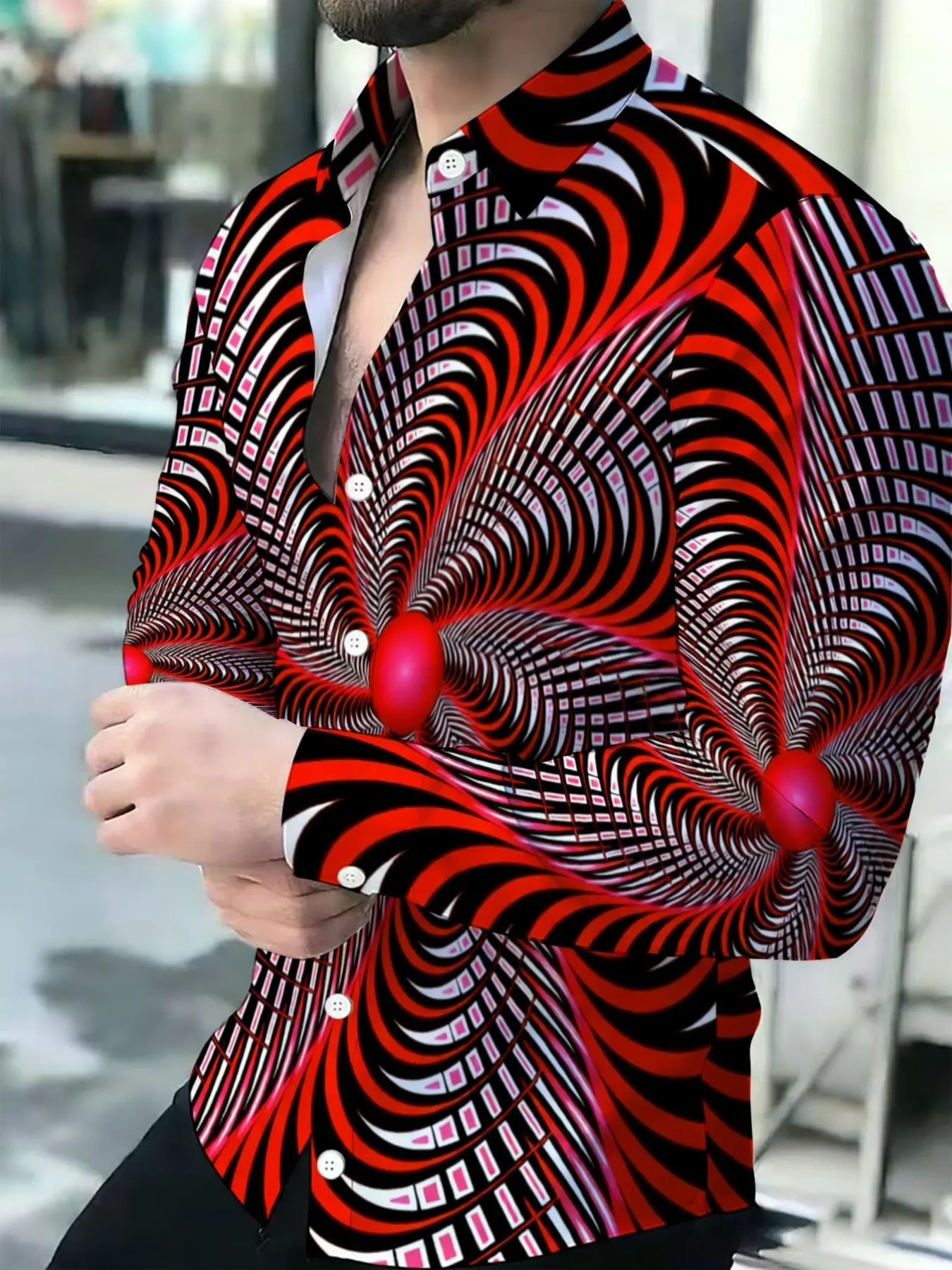 Men's Breathable Lapel Long-Sleeve Shirt, Red Black White Hypnotic Swirl Print Pattern, Menswear