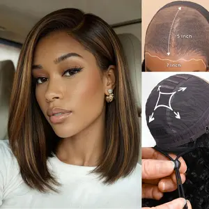 【New In】Nadula Side Part Yaki Straight Bob Wig Black with Caramel Highlights Glueless 7x5 Closure Human Hair Wigs with Drawstring Natural Hairline No Slip Beginners Friendly
