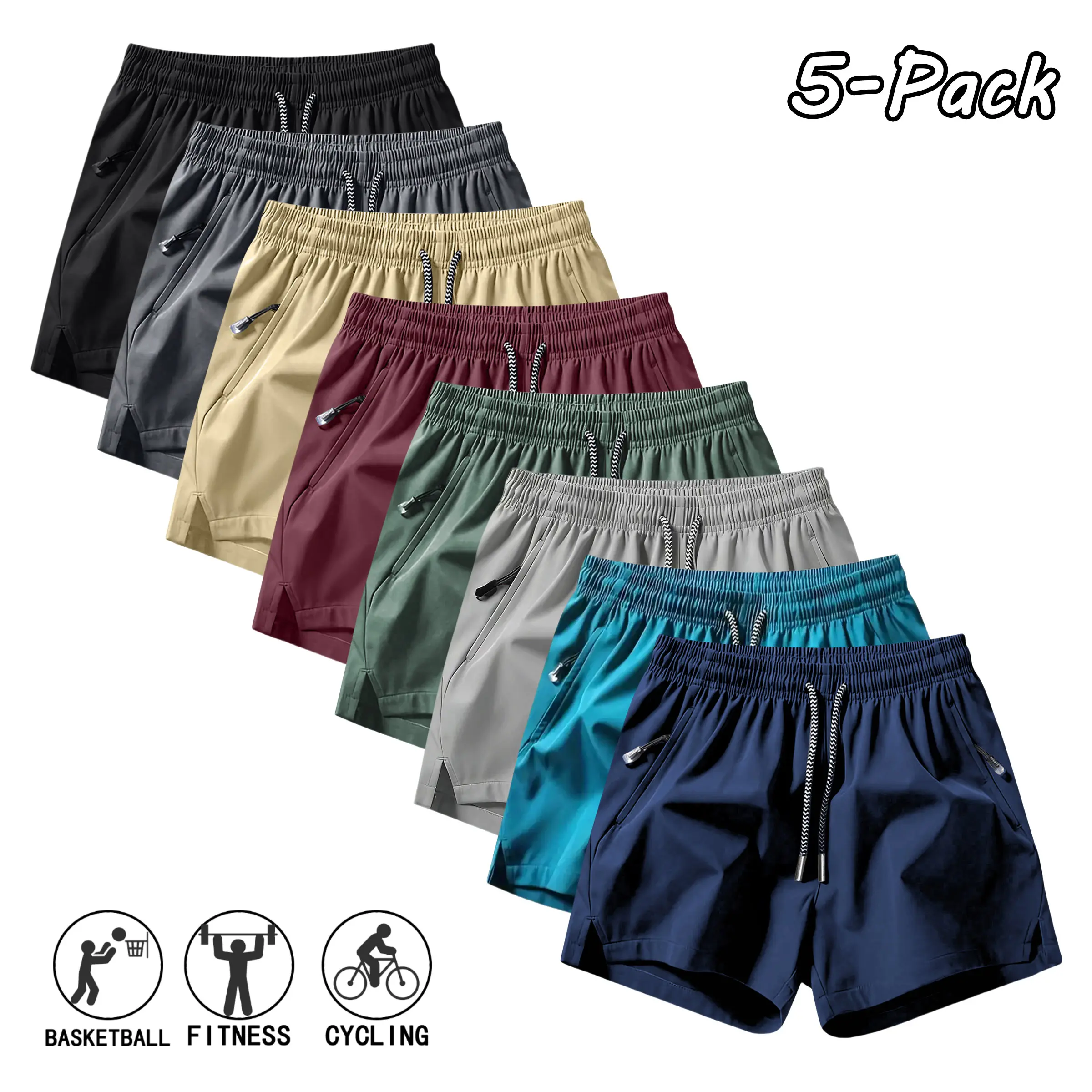 Men's Summer Casual Solid Color Shorts (Pack of 5) - Drawstring Design, Stylish, Versatile, Suitable for Everyday Wear, Fitness Activities