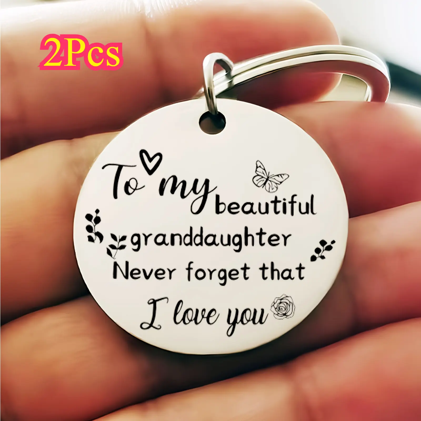 2Pcs Stainless Steel Keychain for Grandparents Granddaughter - Heartfelt Message From Grandparents, Inspiring One-of-a-kind Keepsake for Her, Suitable As A Gift for Your Favorite Granddaughter On Birthday, Christmas, Halloween, Birthday, Graduation