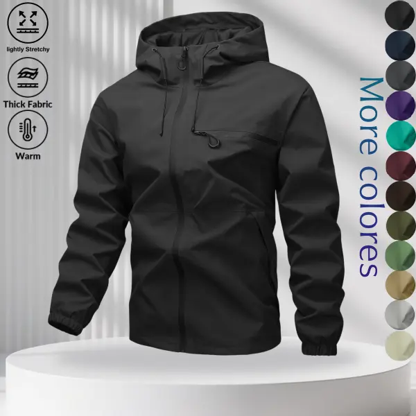 A solid-color zip-up hooded jacket with an outdoor casual style. Its minimalist, clean design is both stylish and functional, featuring an adjustable drawstring hood that suits various occasions. A front zipper pocket provides convenient storage for small