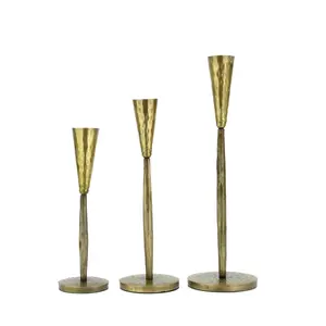 Handcrafted Rustic Antique Brass-Coated Candle Holder Set, Set of 3, Decorative Hammered Stands, Gold Ornaments Lightweight