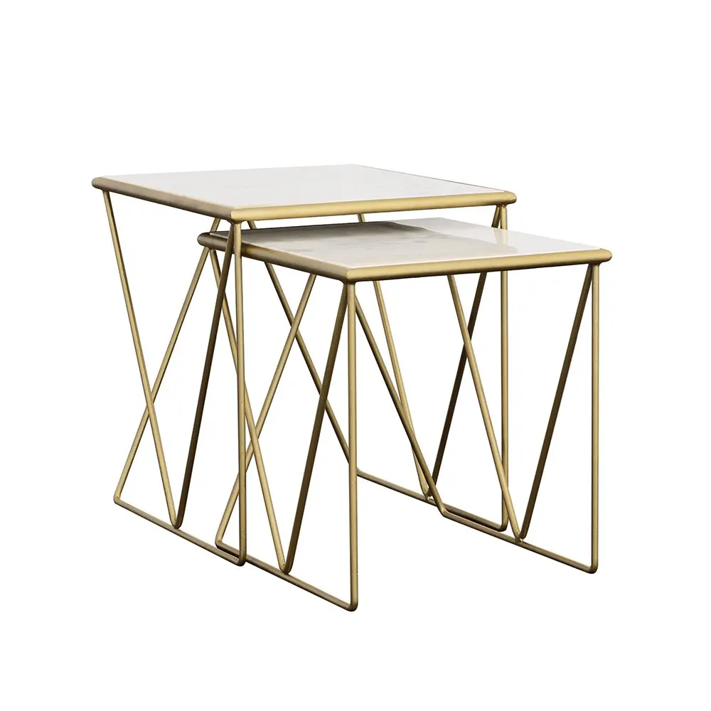 Bette Glam 2-Piece Table Set, Rectangle Stone Marble Top Nesting Tables, White and Gold Metal Frame, Open Base, Luxury Feel
