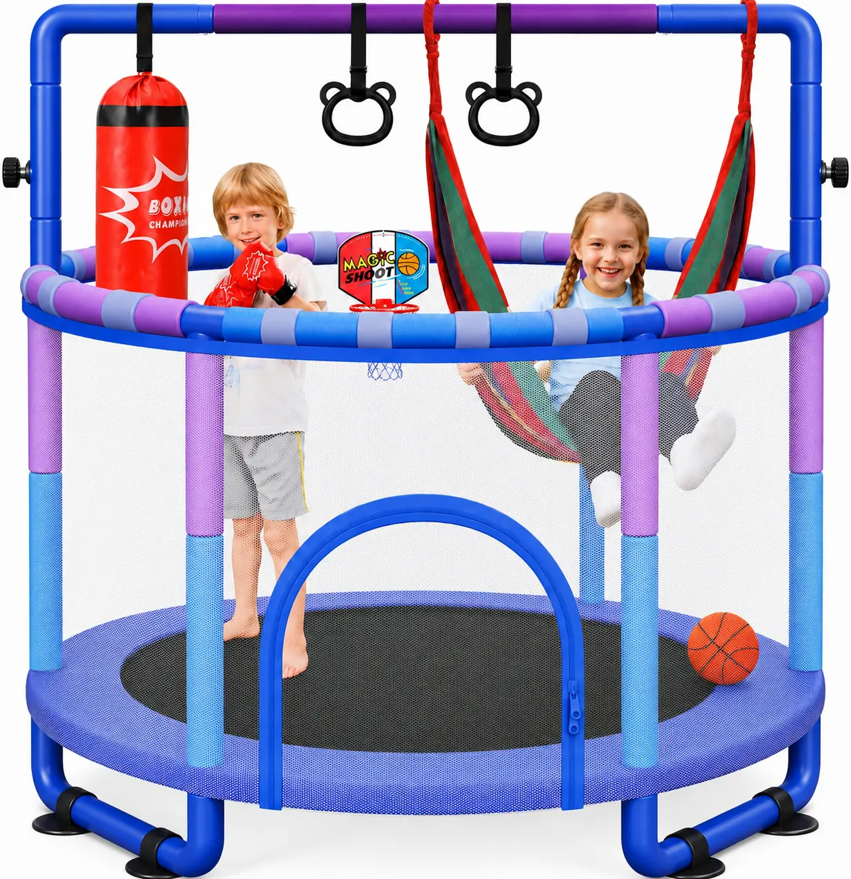 Yohood 55" Trampoline for Kids with Enclosure, 6-in-1 Toddler Trampoline Indoor Outdoor, Upgrade Full Anti-Rust Tube with Adjustable Gymnastics Bars for Boys Girls