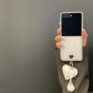 Korean Wave Point Leather Heart Ball Pendant Phone Case for Samsung Galaxy Z Flip7 Flip 6 Flip 5 Minimalist Hard Back Cover