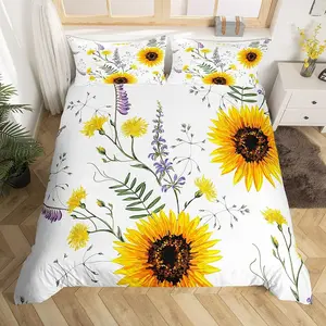 Feelyou 3D Floral Sunflower Duvet Cover Set - Breathable Decorative Microfiber Bedding Set with Cool Botanical Pattern, Zipper Closure & Pillow Shams, Breathable Duvet Set, Decorative Duvet Cover