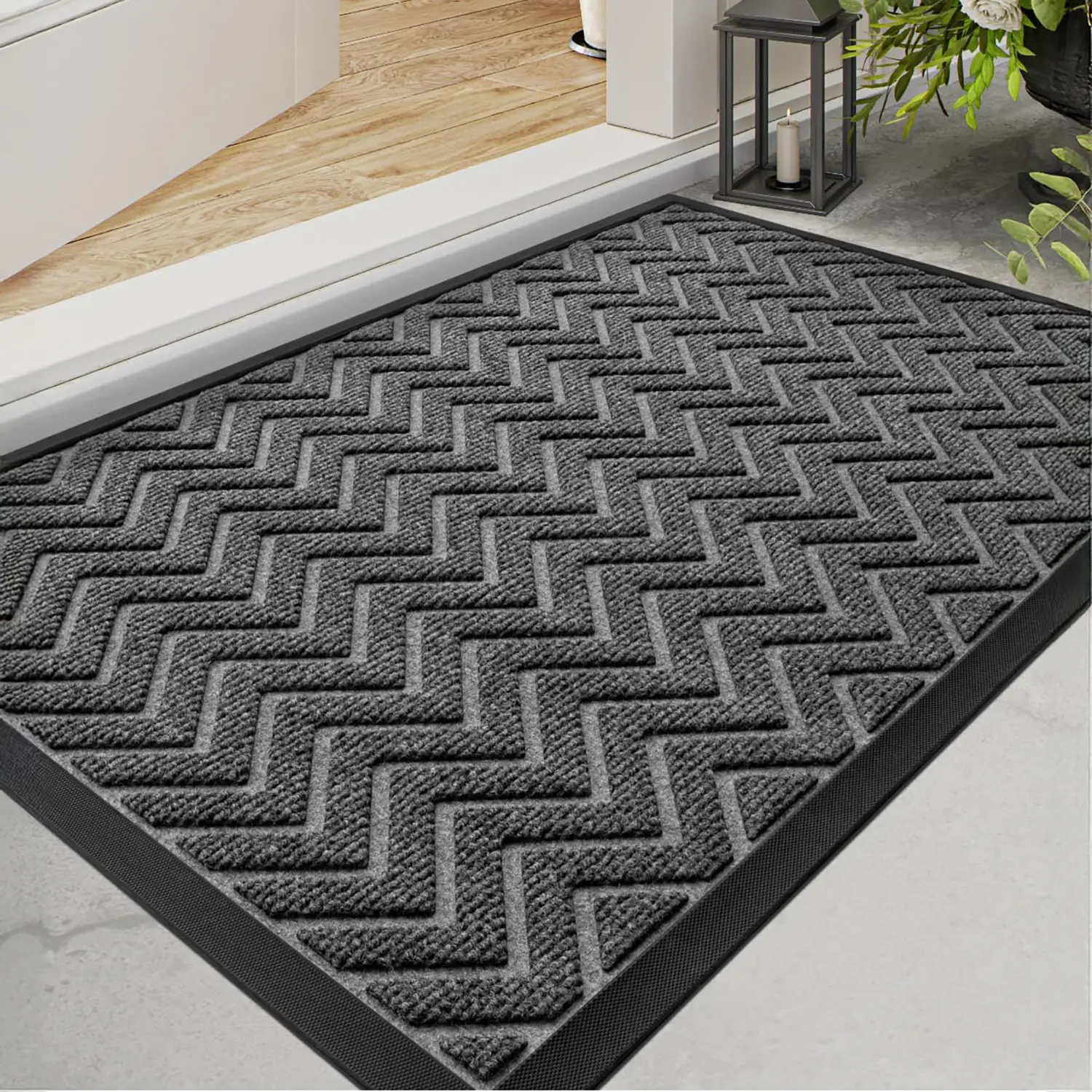 DEXI 2' x 3' Heavy-Duty Reclaimed Rubber Front Door Mat, Non-Slip Rugs with Geometric Chevrons, Exterior Entrance/Patio/Interior House Entryway Doormat (Chevron Brown)