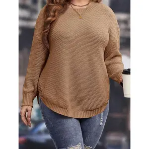 ��Plus Size�� Solid Color Drop Shoulder Sweater, Casual Long Sleeve Round Neck Jumper for Fall & Winter, Women's Plus Clothing for Daily Wear