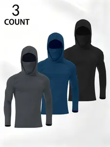 Men's 3-Pack Hooded Compression Shirts with Face Mask, Long Sleeve Tactical Workout Tops, Quick-Dry Athletic Hoodie Undershirts