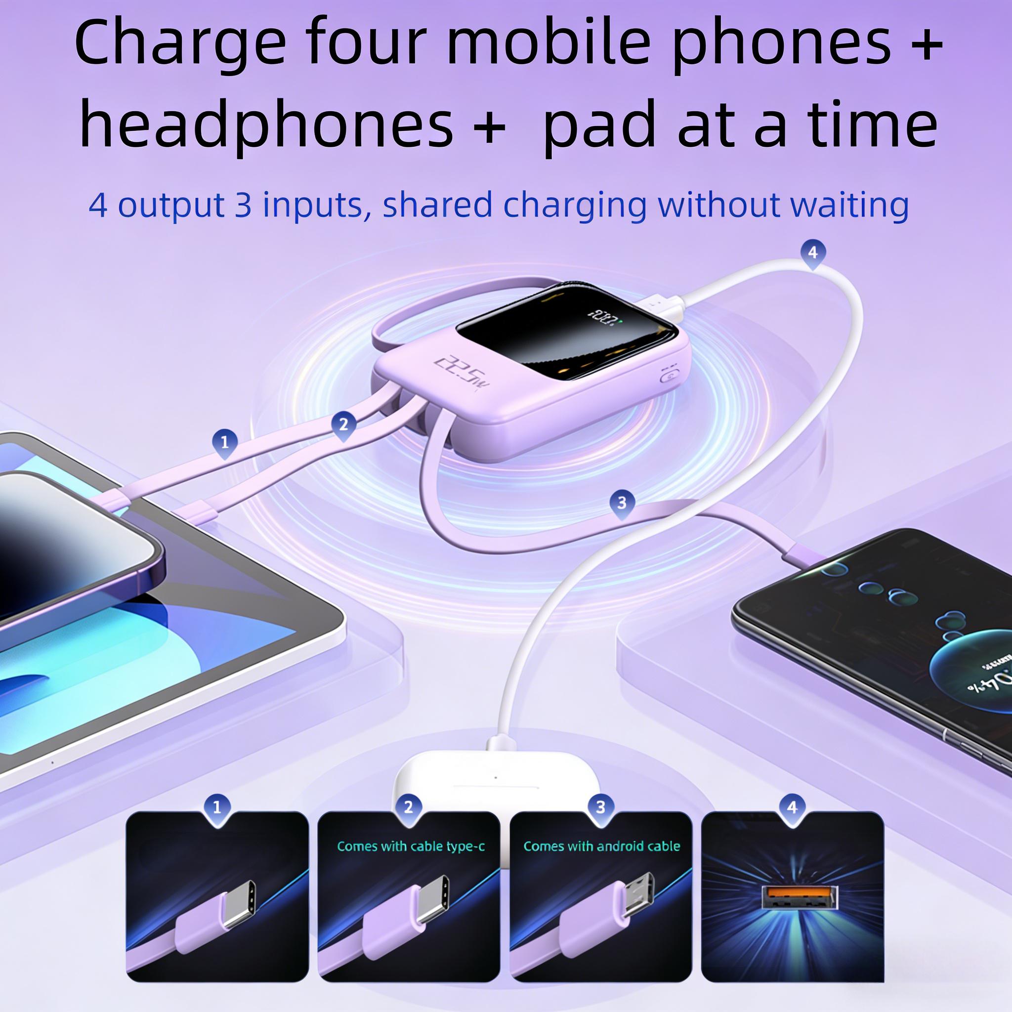 22.5W/PD20W Fast Charge Portable Power Bank with 4 Built-in Cables, LED Digital Display, 4 Output 3 Input, Compact USB-C Charger for iPhone & Android
