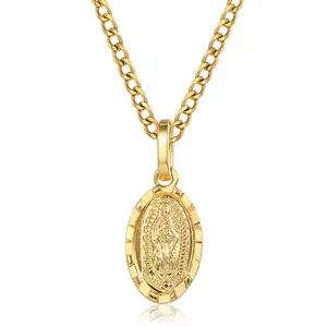 Small Oval Virgin Mary Pendant Necklace - Gold Plated Stainless Steel Box/Curb Link Jewelry, for Women Female Casual Accessory