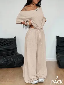 2 Piece Lounge Sets for Women Off Shoulder Tops Wide Leg Pants Casual Outfit Soft Knit Matching Tracksuit Comfy Loungewear Spring Summer 2026