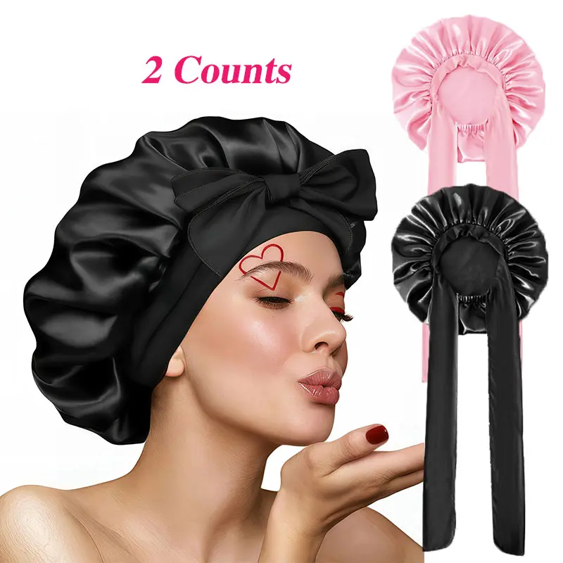 ZIHAN Women's 2 Pack Solid Color Satin Bonnets, Adjustable Sleep Caps for Heatless Styling, Curly & Straight Hair, Clothes