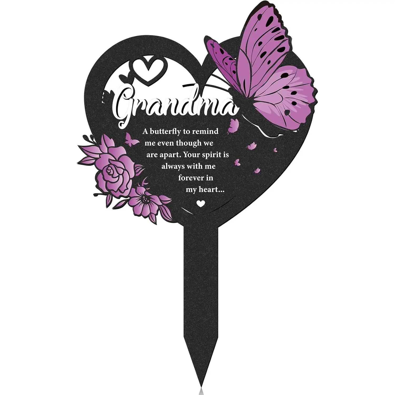 Butterfly Memorial Grave Stakes - 1 Pcs Black Heart Cemetery Markers Decoration for Loss Grandmother Personalized Humans Metal Plaques Decor for Outdoors Sympathy Garden Yard Remembrance Sign