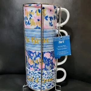 Set Of 4 Blue Pink Floral Tea Cups Stackable Coffee Mugs Pier1 Imports NWT Reusable Drinkware Washable Ceramic floral mug letter pattern