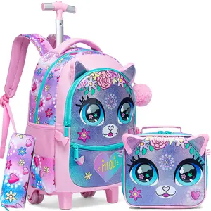 Girls Backpack Cute Trolley Bag Primary School Bookbag with Wheels Kids Carry On Wheeled Backpack with Lunch Bag Adorable Animal Design