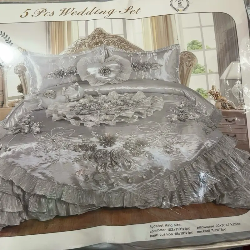 5 pcs Wedding Set Comforter 102x110" King Size Pink Ruffle Design Soft & Luxurious Bedding