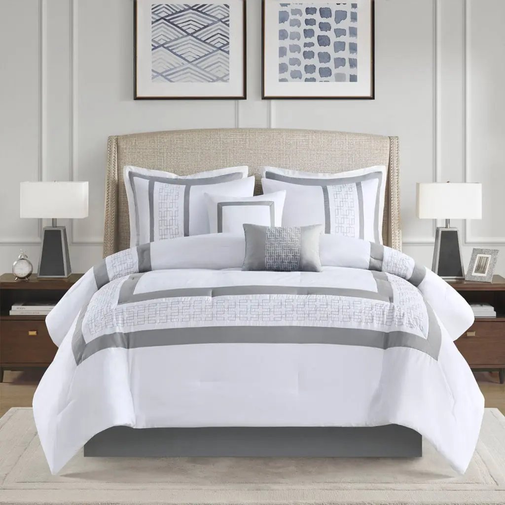 510 Design Powell Embroidered Bedding Set - 8-Piece White California King Quilt Bedding Set, Model 5DS10-0282, 104x92x1.5 in., Bedding Sets