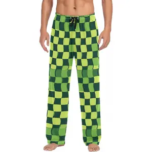 Men's Pajama Pants Green Checkered Plaid Sleep Bottoms Lounge Sleepwear with Pockets Drawstring
