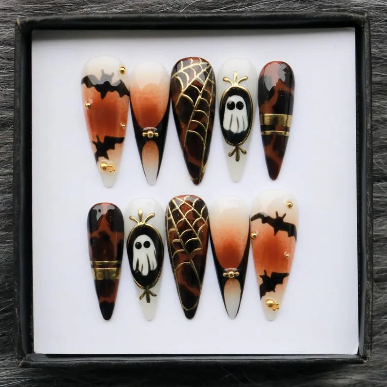 Halloween Stiletto Press On Nails, Orange Black Spiderweb Bat Ghost Set