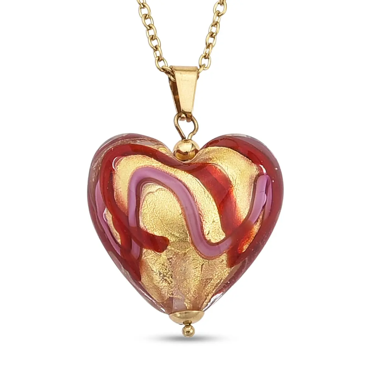 Red Murano Style Heart Pendant Necklace (20-22 Inches) in ION Plated YG Stainless Steel