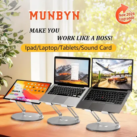 MUNBYN 360° Rotating Aluminum Laptop Stand for Desk, Foldable Adjustable Cooling Lazy Stand, Compact Portable Office Accessories Desk Gadgets for Gaming Laptop, iPad, Tablet, Drawing, Sound Card