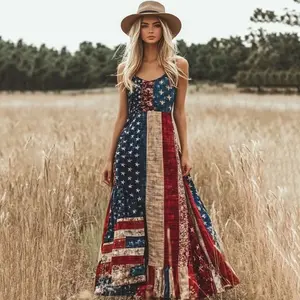 Women's Vintage Independence Day Patch Art Line Dress American Flag Floral Print Dresses