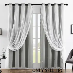 French Romantic Two-Layer Hollow Star Light Blocking Heavy Home Decoration Curtain, Fashion Trendy Hole Drapery for Living Room, 1pc Finished Window Covering