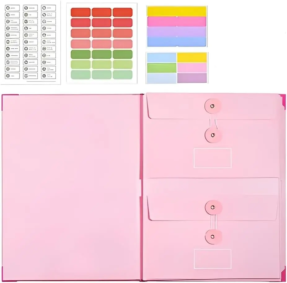 12 Pockets Pink Expanding File Folder, A4 Letter Size Accordion Document Organizer with Elastic Band Closure, 2 Inner Envelope Pockets, Number & Color Index Label Stickers, Portable Paper File Holder for Office School Homework Invoice Receipt Storage
