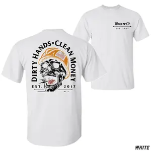 Troll Co Graphic T-Shirt, Features Skull With Hard Hat Illustration With “Dirty Hands Clean Money Est. 2017” Text On Back And Small Troll Co Logo On Chest, Workwear Theme Unisex Casual Tee, Gift For Blue Collar Workers, Top Streetwear Casual