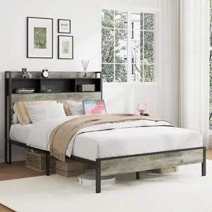 Antique Gray Full twin Size Platform Wooden Bed Frame - 2 USB Ports, Noise-Free, No Box Spring Needed, Easy Assembly Tools Included, Under-Bed Storage Space