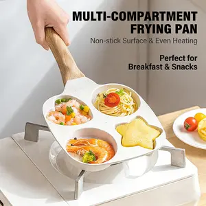 4-Hole Non-Stick Breakfast Pan with Star Mold, Wooden Handle, Easy Clean Egg Omelet Pancake Maker for Kids & Family Meals,Makes a Great Gift