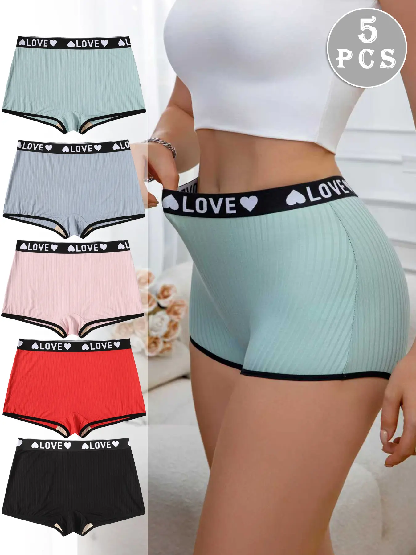 Women's Coarse Threaded Panties Set, Love Waistband Design, Breathable, Ribbed & Stylish Fabric, Available Sizes S-Xxl, Comfortable Underwear Everyday, Casual Comfy Panty, Intimates Panties, Daily Casual Underwear