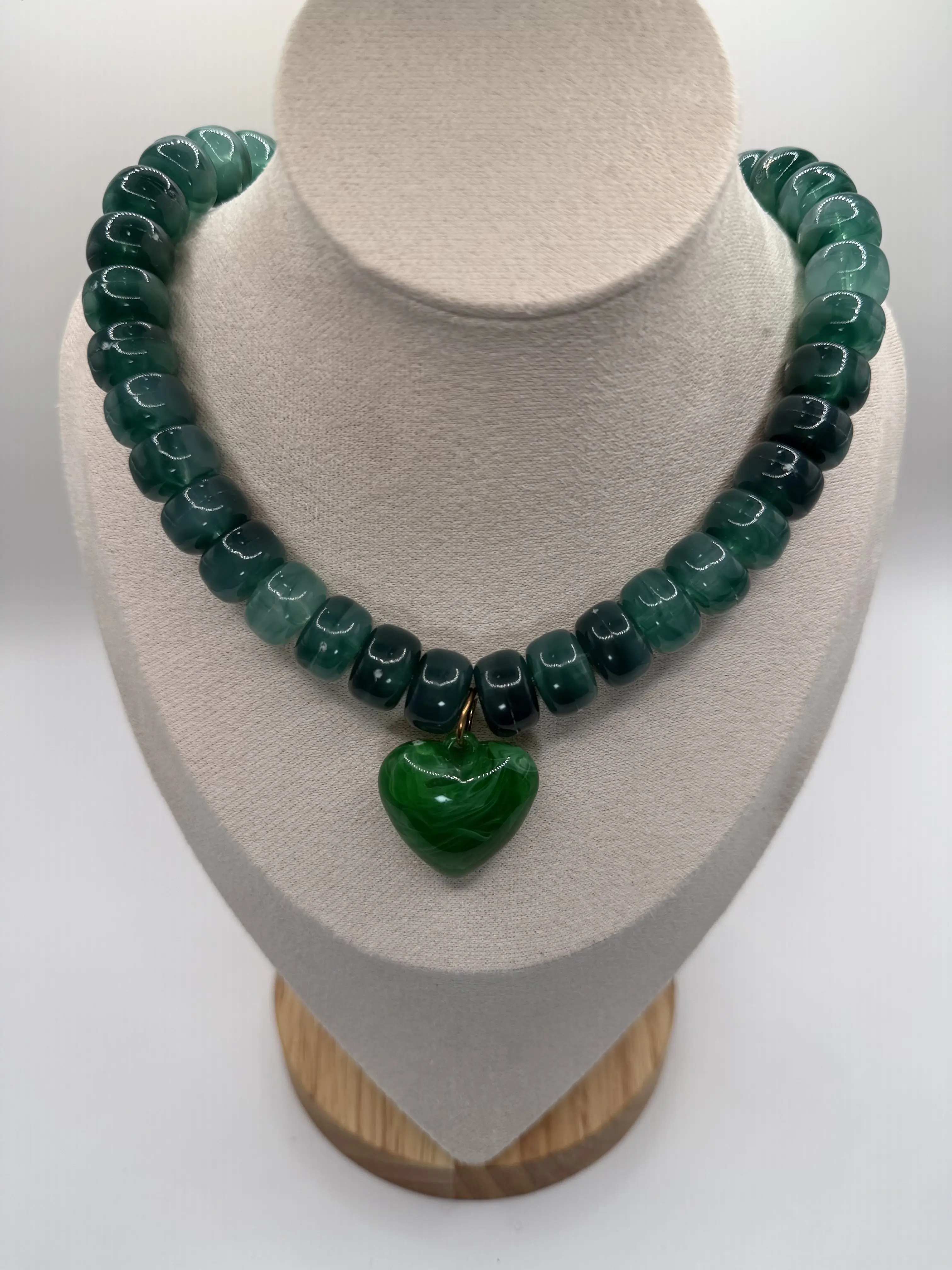 Green Bubble Gum Necklace with Heart Pendant