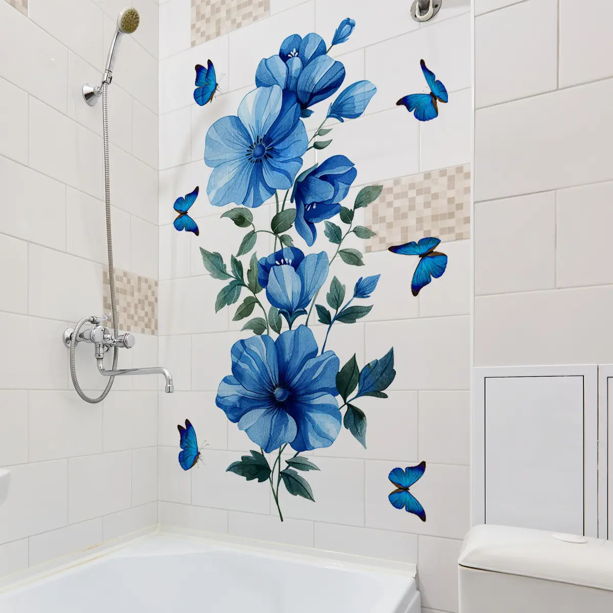 A blue-themed flower and butterfly decorative wall sticker for home decoration and beautification, self-adhesive, Self Adhesive Decal, M18880-YC