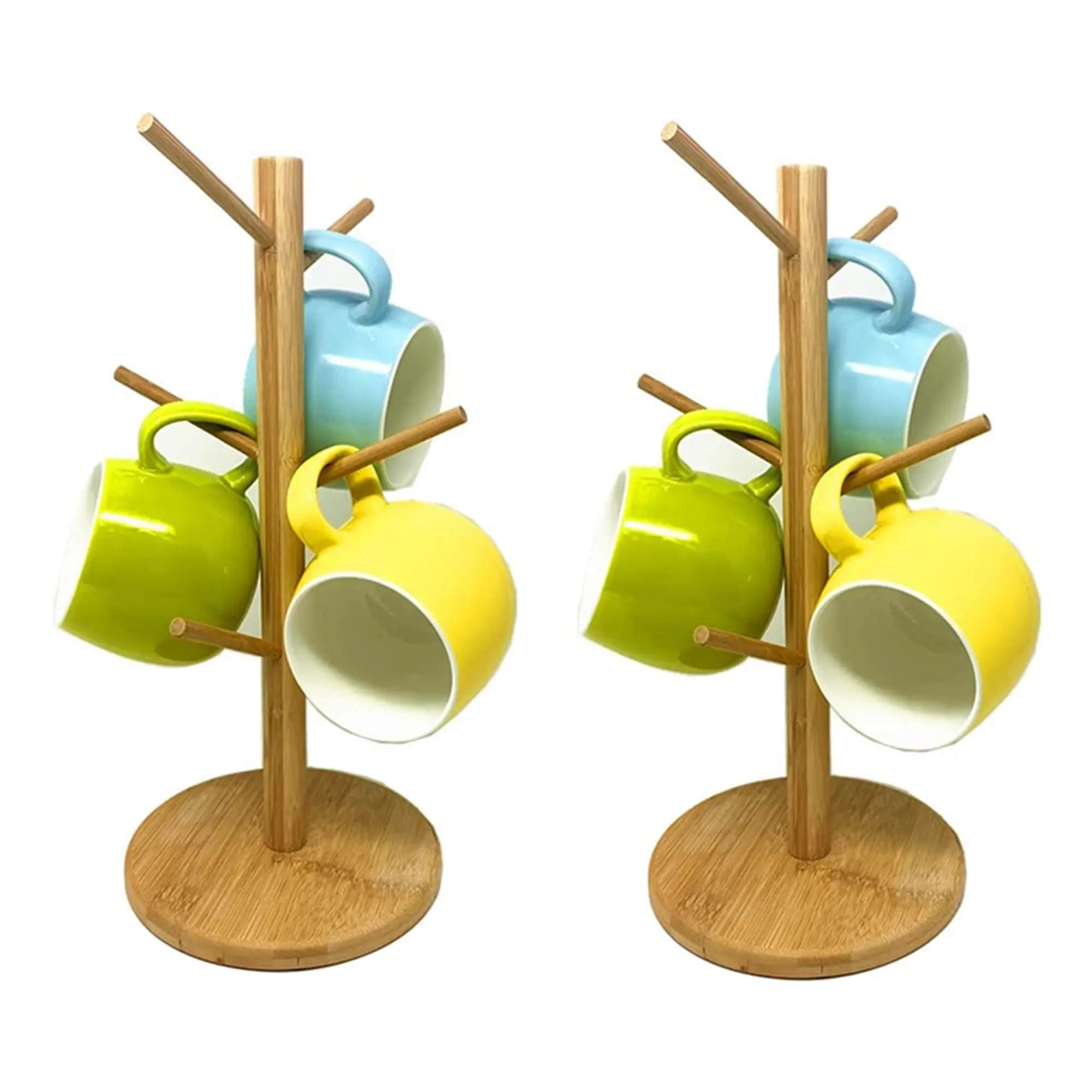 2 Pack Bamboo Wood Mug Rack Tree, Bamboo Mug Holder, Mug Hook, Removable Mug Stand,Coffee Tea Cup Dryer with 6 Hooks, Counter Coffee Bar Accessories