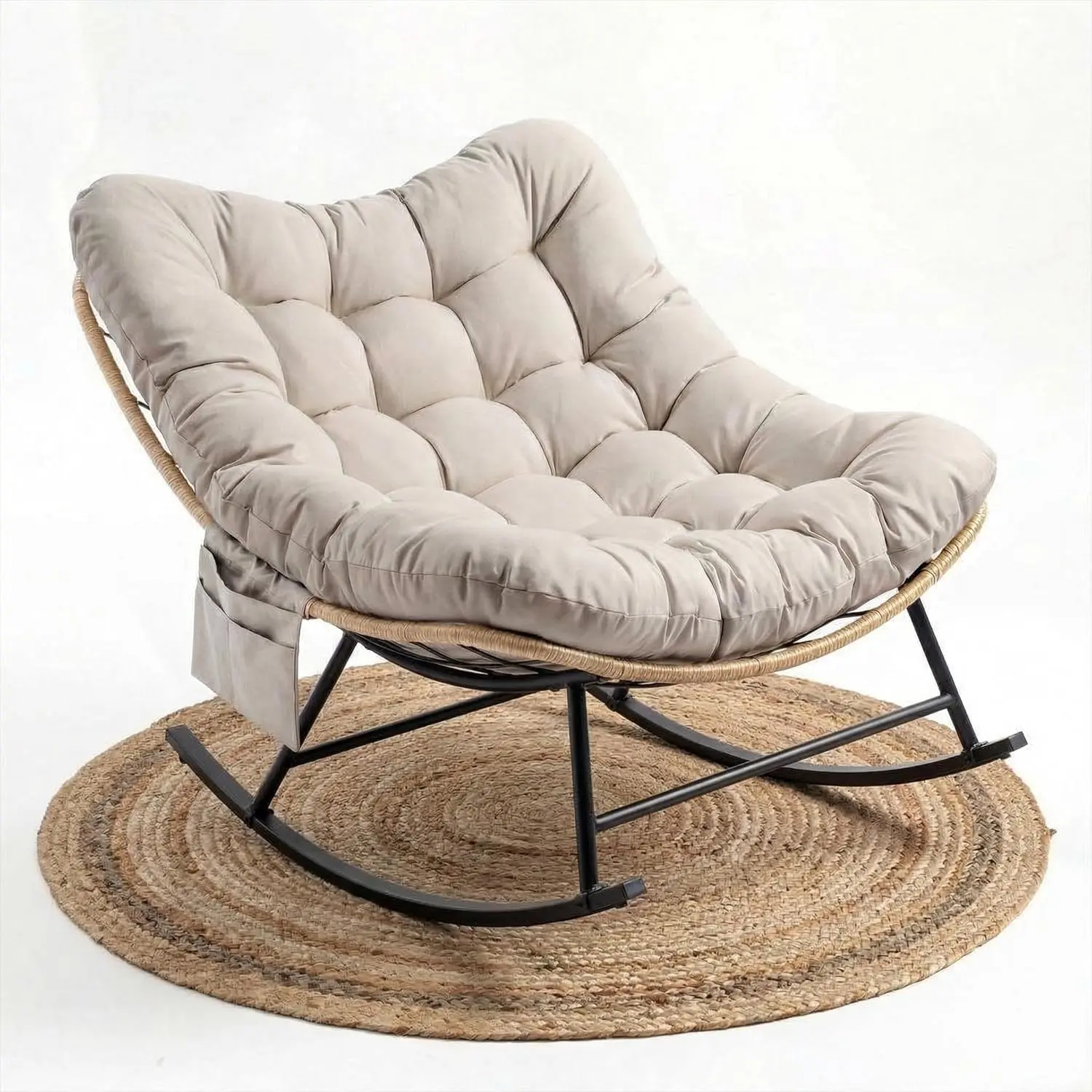 Oversized All-Weather Wicker Rattan Rocking Chair - 450-700 LBS Capacity Durable Weather-Resistant Outdoor Patio Furniture with Thick Cushion for Garden, Balcony, All-Weather Rocking Chairs, Durable Rocking Chairs