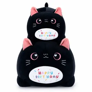 CHUBBYJOY Black Cat Birthday Plush Pillow, 9Inch 15Inch Cute Cat Stuffed Animal, Sensory Plush with Happy Birthday Embroidery, Soft Black Cat Plush Toy for Kids Girls Cat Lovers Birthday Gift