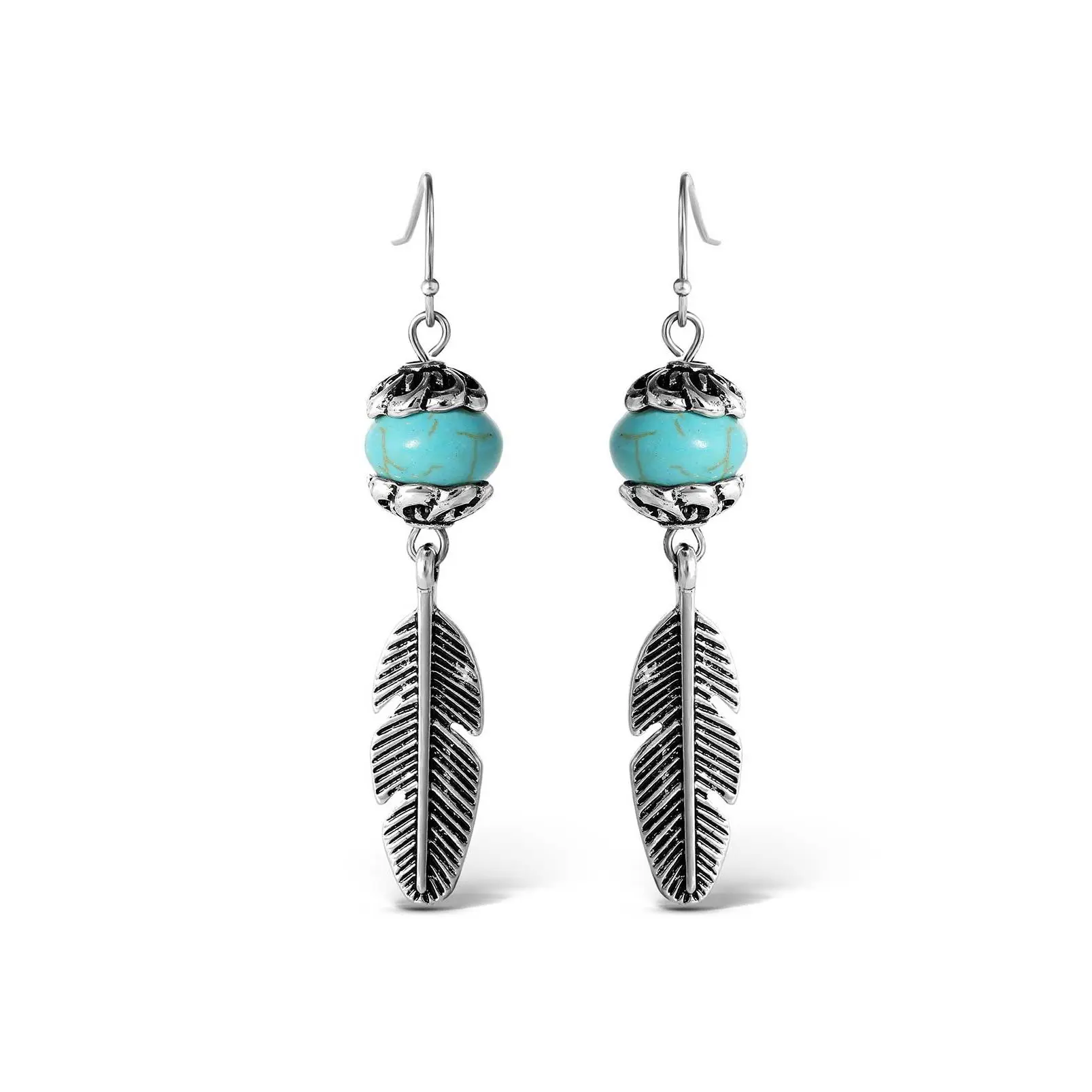 Turquoise Bead Feather Drop Earrings in Silver