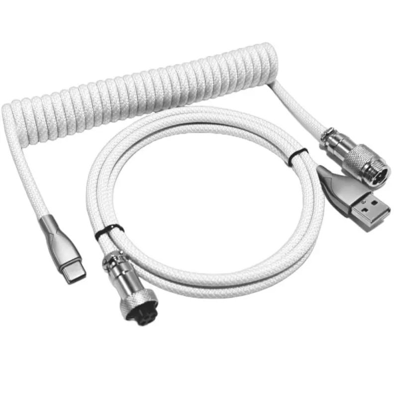 USB C Coiled Keyboard Cable - Gaming Keyboard Coil ,Custom Type Braided Mechanical Keyboard Cable With Detachable Metal Aviator Wire, 1.5M USB-C to USB-A, Computer Decoration Keyboard Wire White
