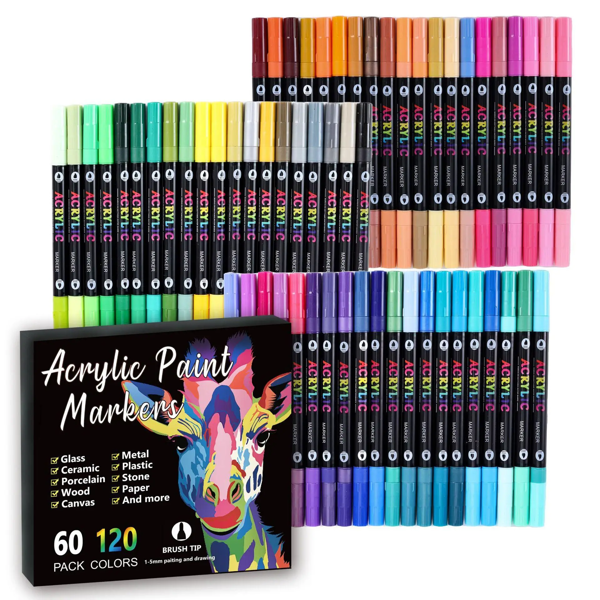 Acrylic Paint Marker Set, 48/60/96/120 Colors Dual-tip Color Art Supplies for Rock Painting, Canvas, Wood and DIY Crafts
