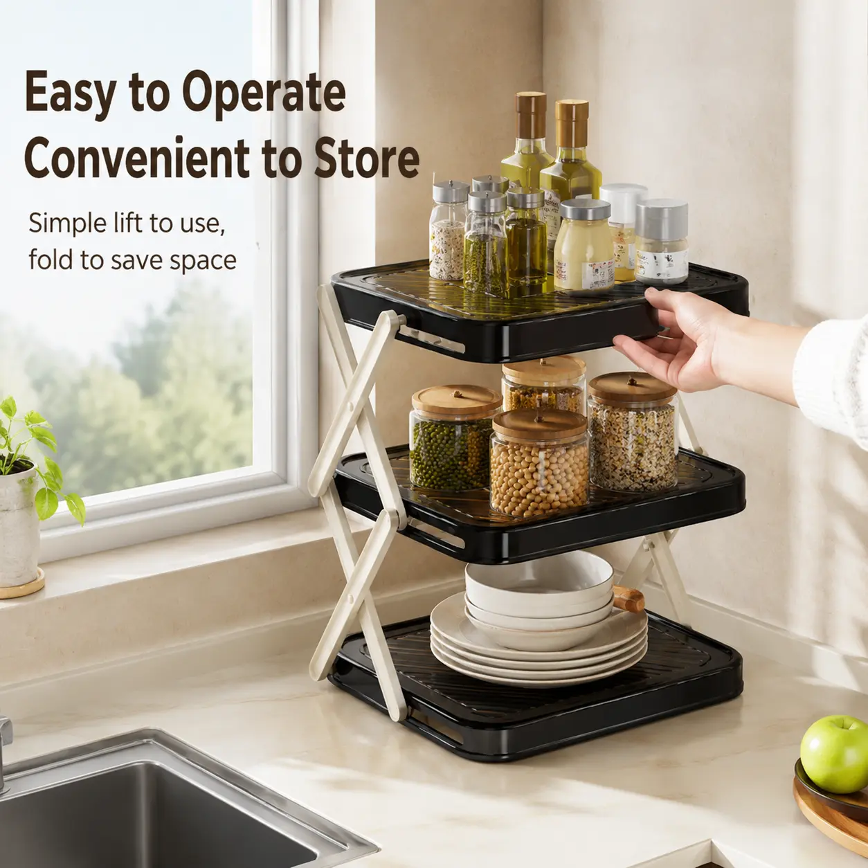 1 Count, Black 3-Tier Foldable Kitchen Countertop Shelf, Space Saving Organizer for Plates and Kitchen Prep Supplies